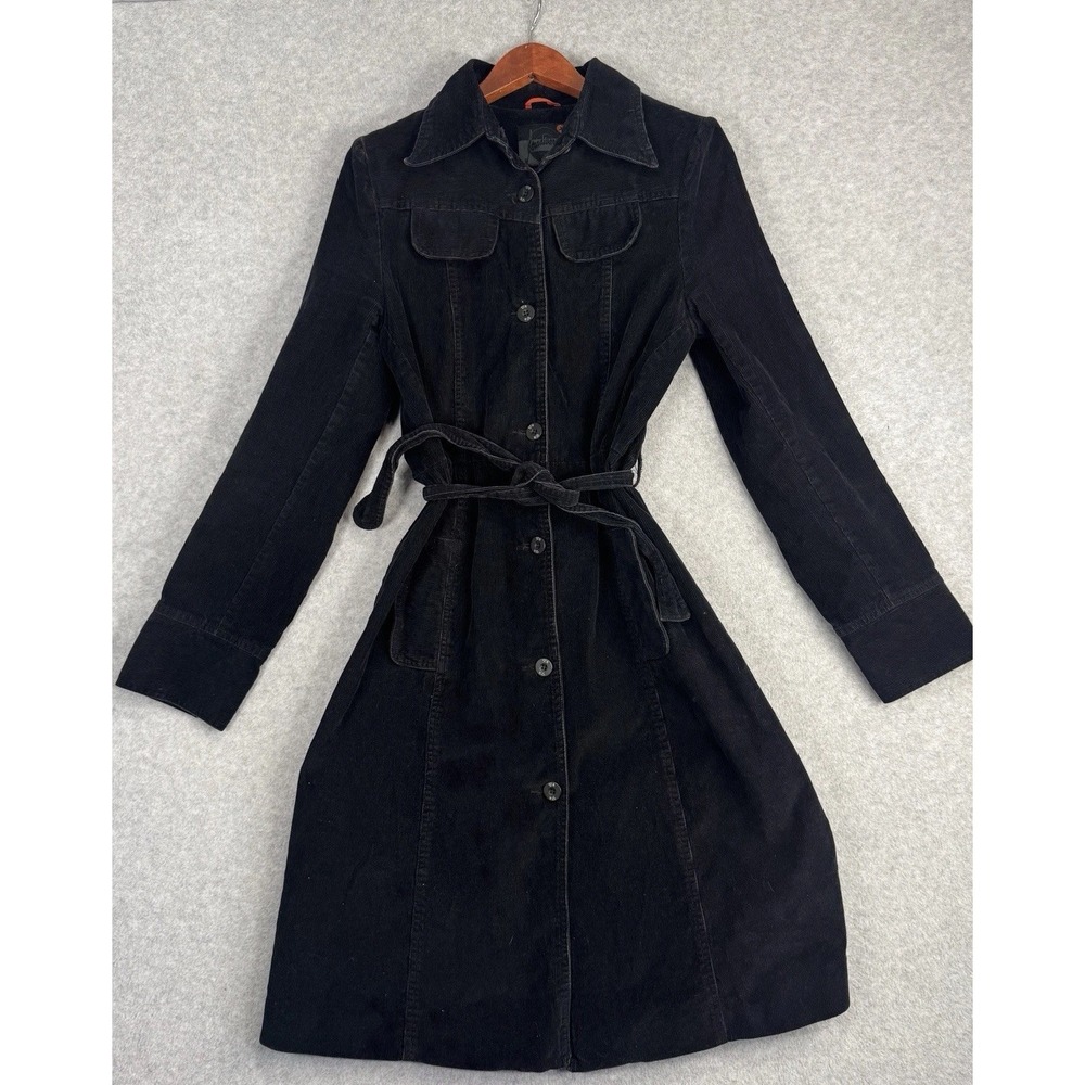 Stradivarius Black Corduroy Trench Coat Belted Goth Academia L VTG Button Up - Picture 2 of 16